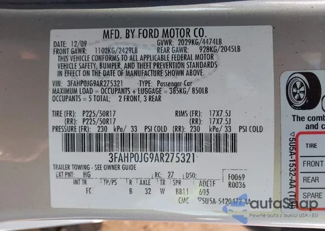 2010 Ford Fusion Sel из США, поврежденный, VIN 3FAHP0JG9AR275321